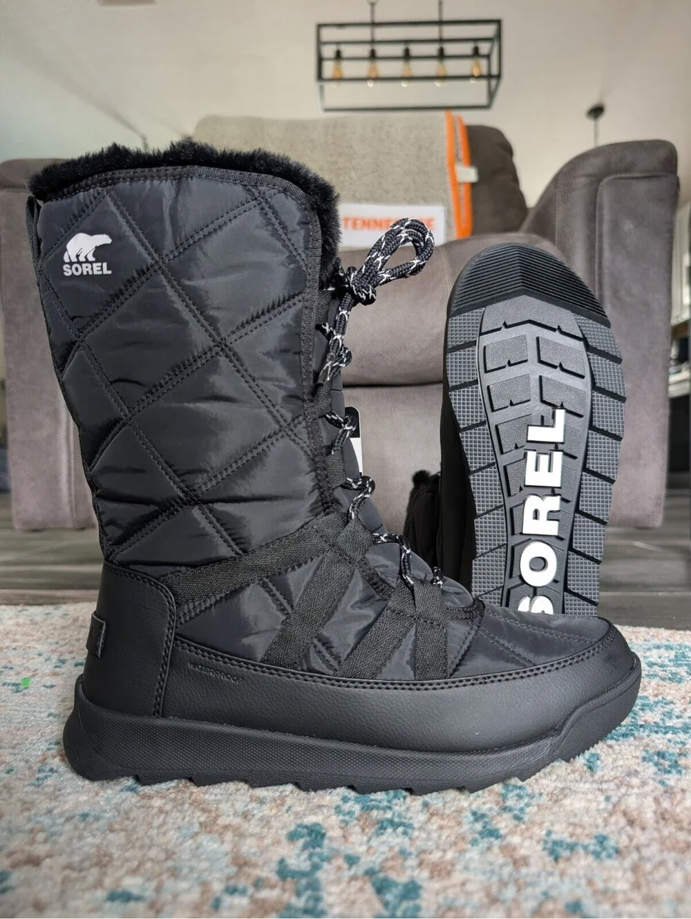 Sorel Women's Whitney II Tall Lace Boots Size 8.5 Black Waterproof Faux Fur NEW
